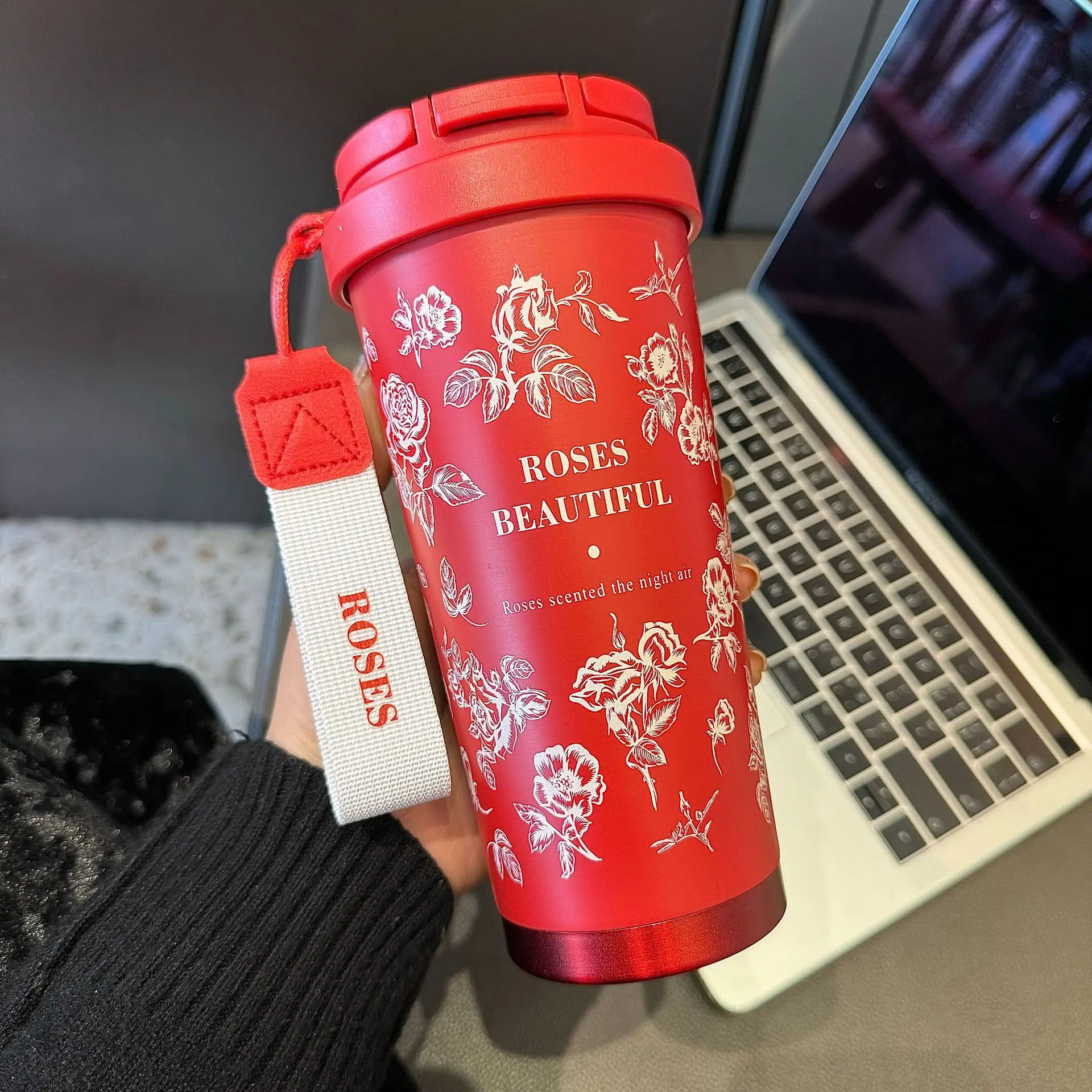 500ml Rose Flower Thermal Mug Stainless Steel Vacuum Flask Coffee Cup with Straw Portable Thermos Bottle Insulated Tumbler