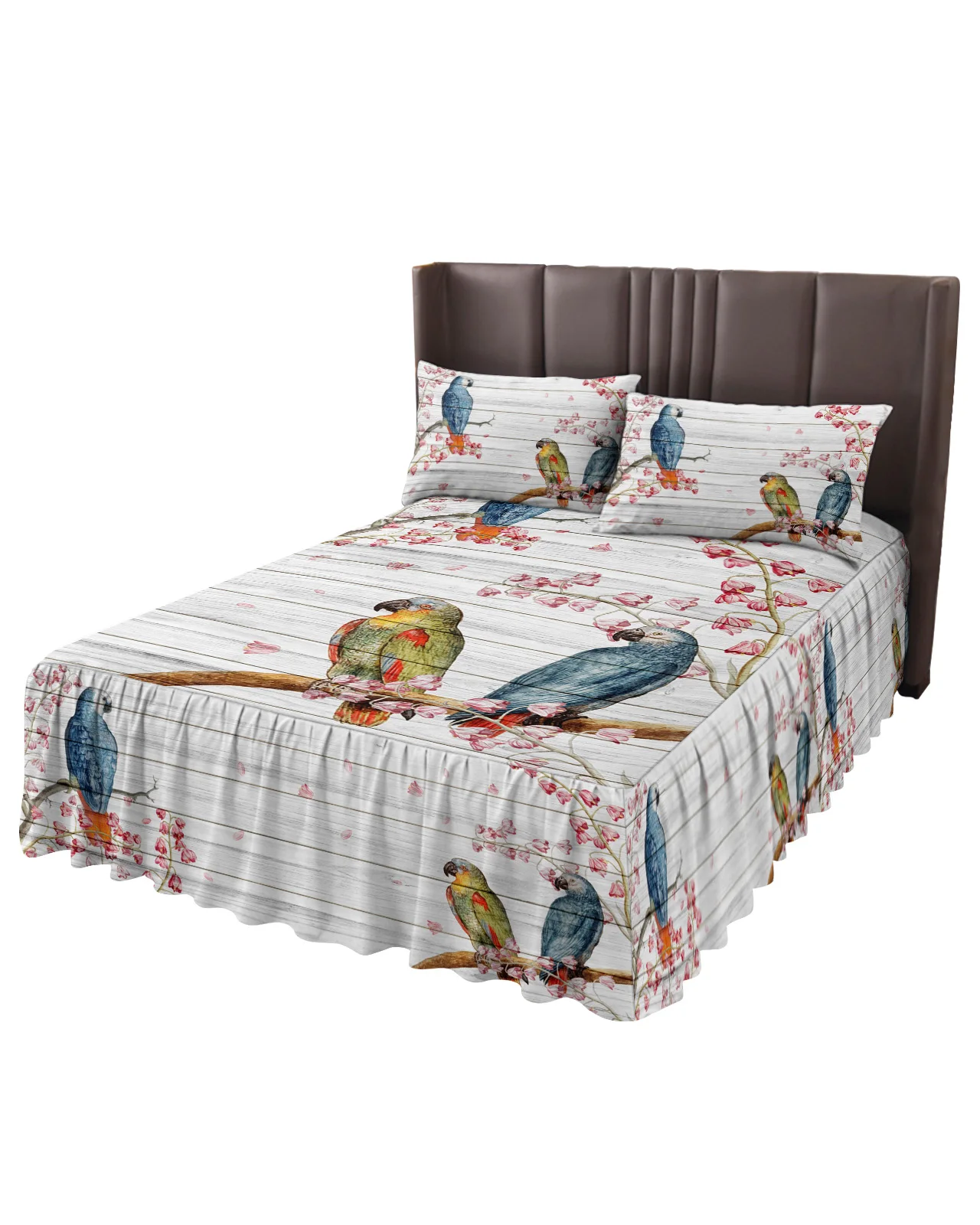 Parrot Flowers Wooden Board Bed Skirt Elastic Fitted Bedspread With Pillowcases Mattress Cover Bedding Set Bed Sheet