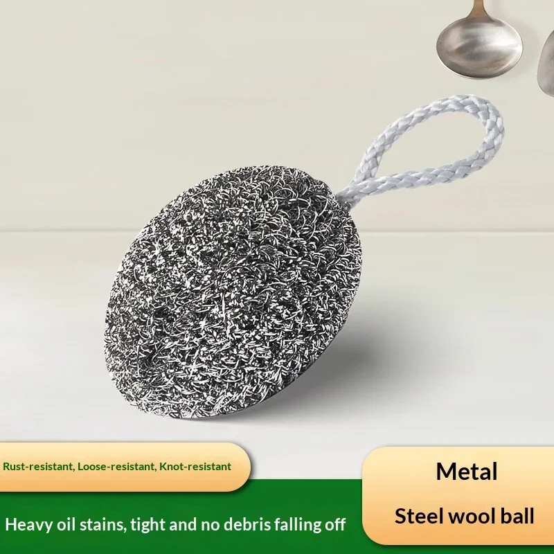 Anti Rust Stainless Steel Wire Cleaning Ball with Hanging Rope Heavy Duty Metal Scrubber Kitchen Dish Pot Cleaning Sponge