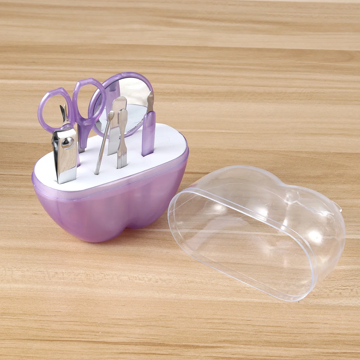 8-in-1 Professionelles Nagel-Maniküre-Set in Apfelform, durchsichtige Aufbewahrungsbox, Edelstahl-Haarschneidemaschine, Schere, Pinzette, Spiegel, Reisen