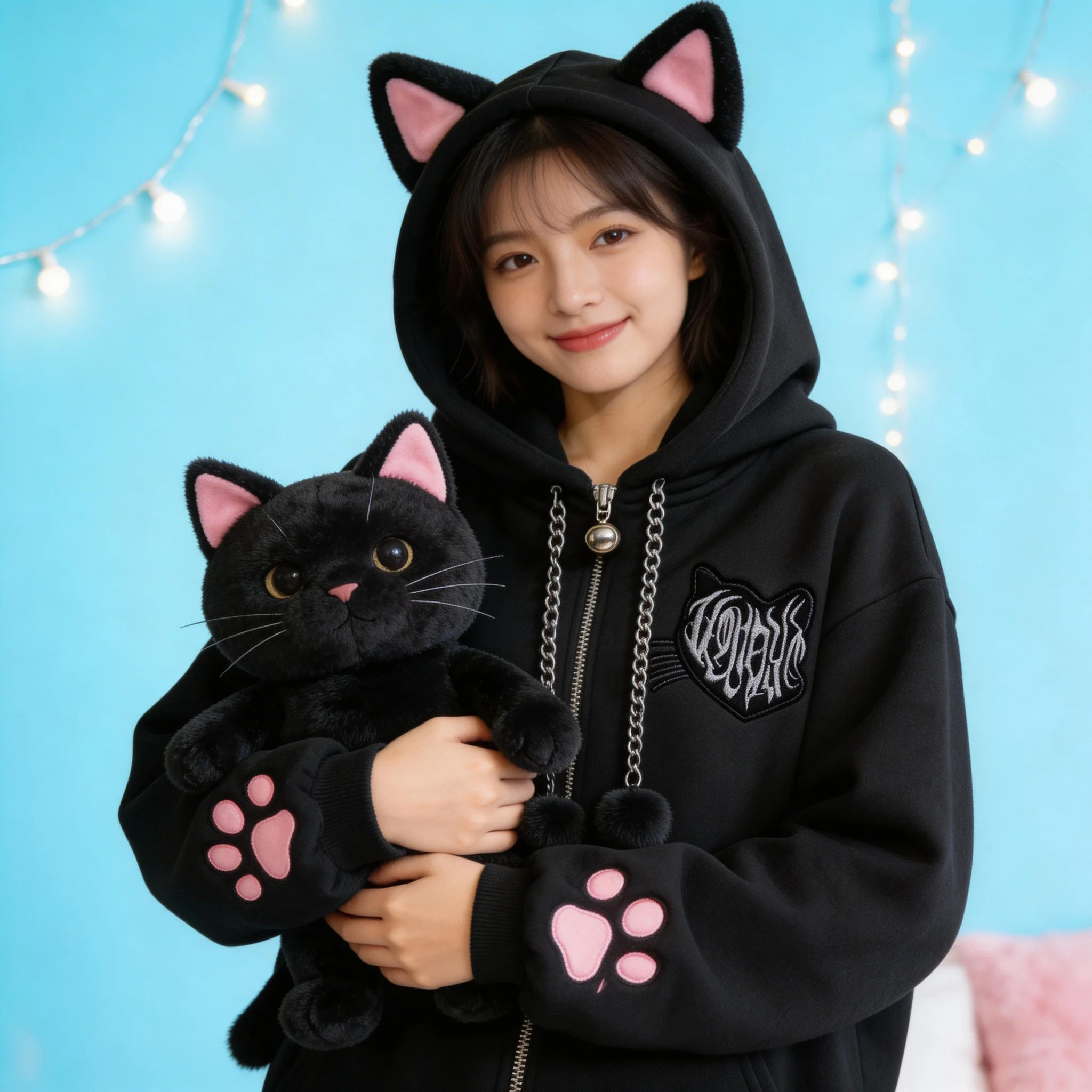 Niedliche Katzenohren-Samt-Hoodies für Damen, Katzenpfoten-Langarm-Mantel, Schwarz, Harajuku Y2K 2000er Punk Rock Goth Sweetheart Damenjacken
