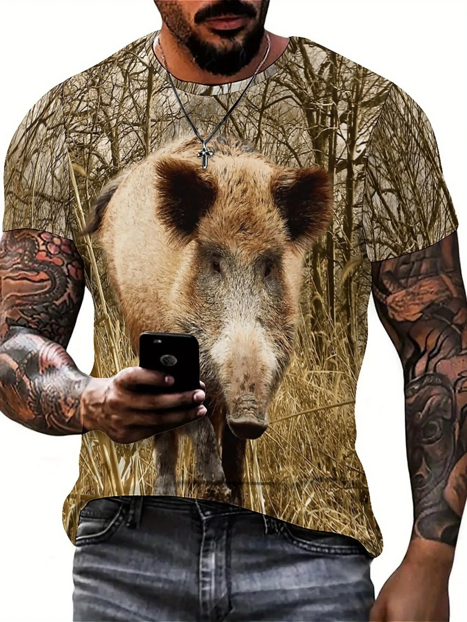 تي شيرت رجالي برسومات ثلاثية الأبعاد بطبعة الخنزير - تي شيرت بوليستر ناعم كبير الحجم مع تي شيرت بتصميم مموه