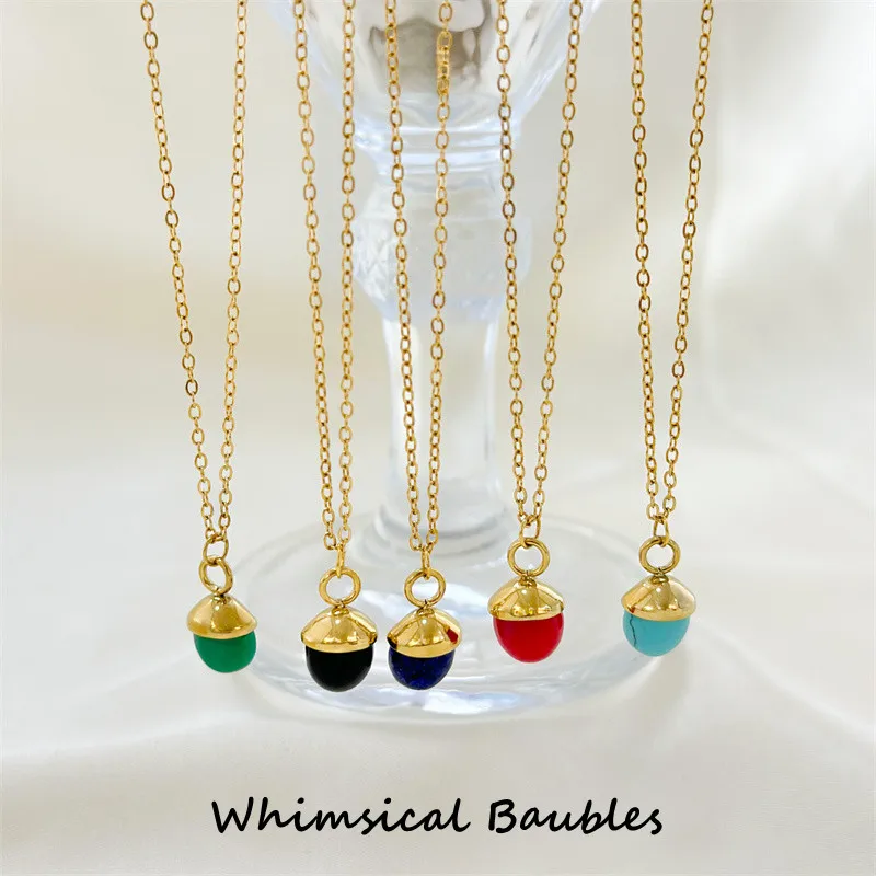 

Boho Jewelry Woman Gold Plated Dome Stainless Steel Colorful Gemstone Necklace Real Nature Stone Pendant Necklaces