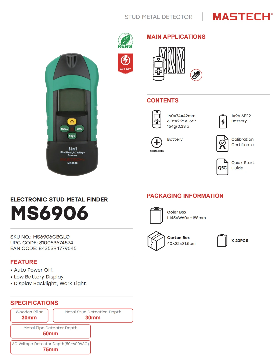 MASTECH MS6906 3 in 1 multifunction metal detector wood stud thiness tester AC Voltage scanner industrial feeler gauge - view 6