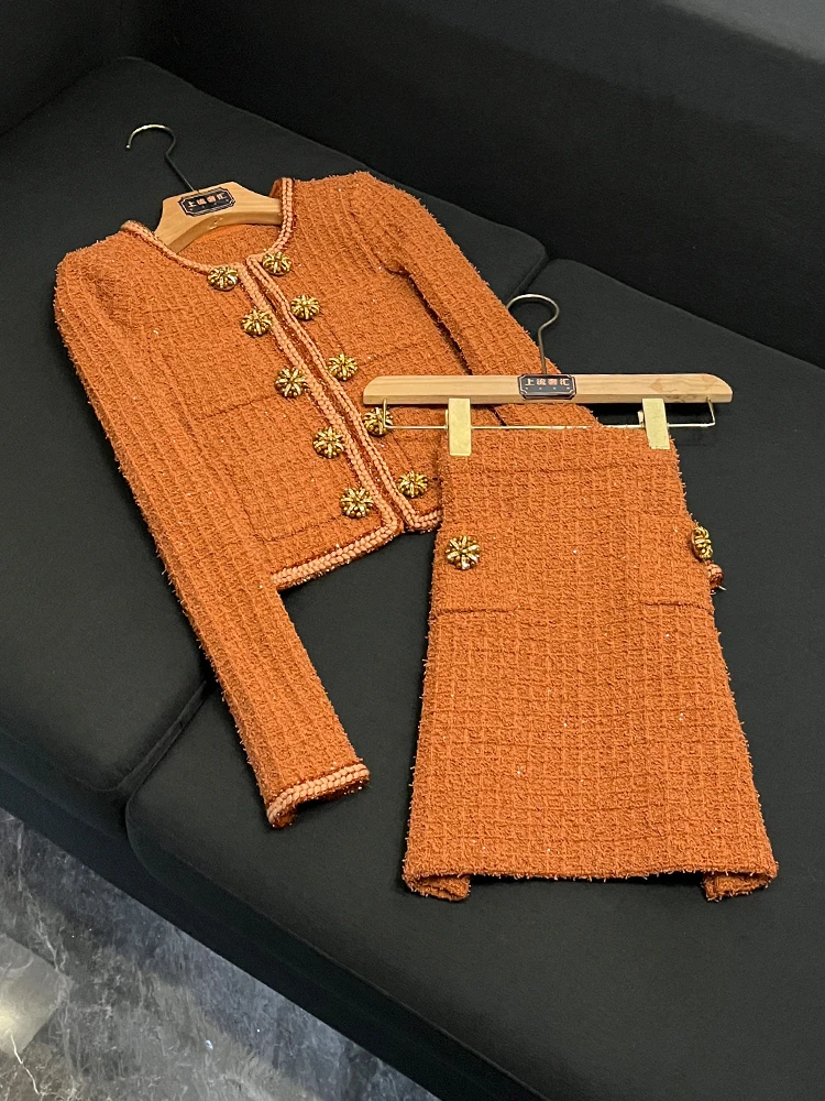 Heavyweight Knitted Open Cardigan Top Half Skirt Set Autumn 2026 New Arrival Women's Fashion Set Long Sleeve round Neck Commu...