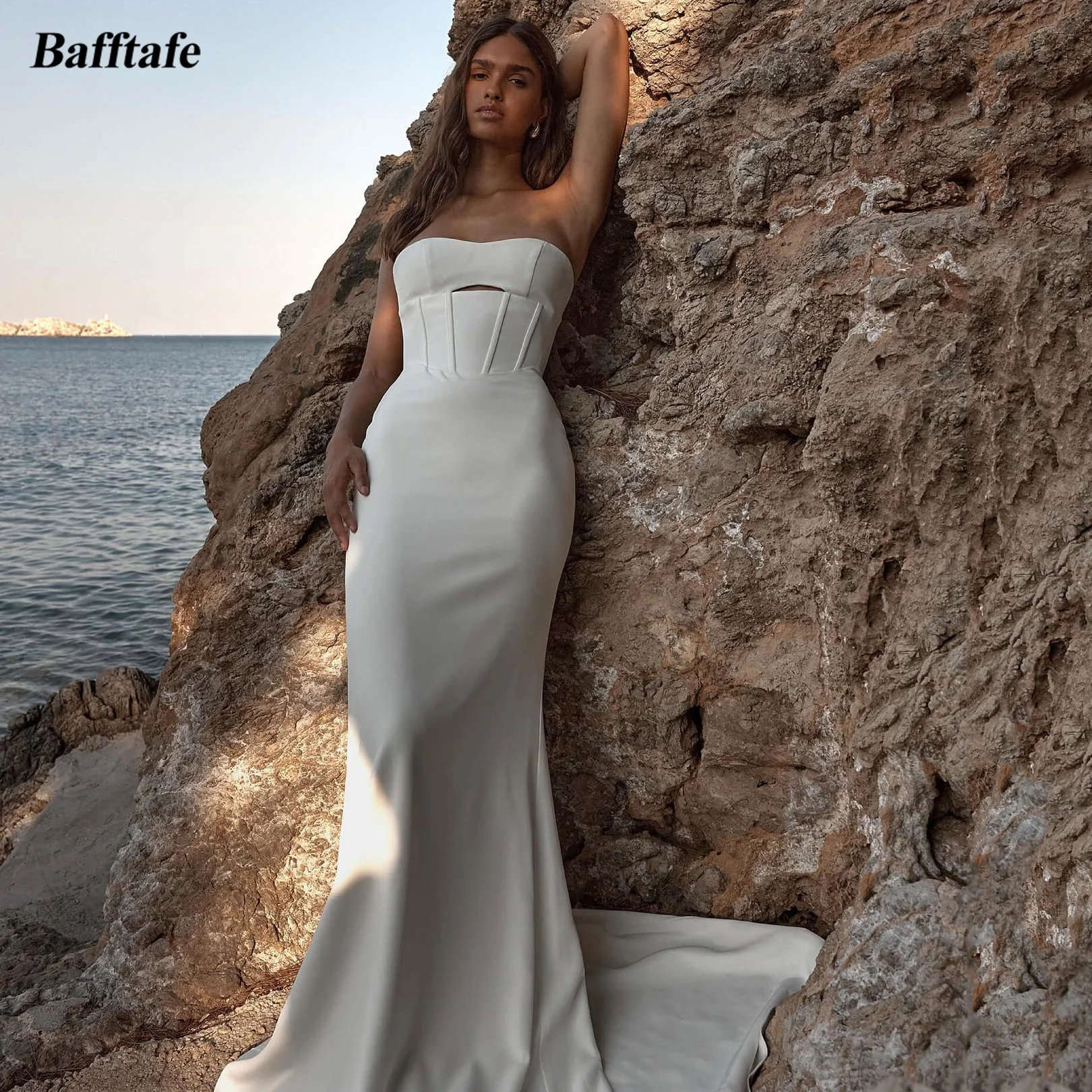 Bafftafe Simple Mermaid Satin Bride Wedding Dresses Strapless Fitted Bones Long Train Bride Wedding Photoshoot  Bridal Gowns