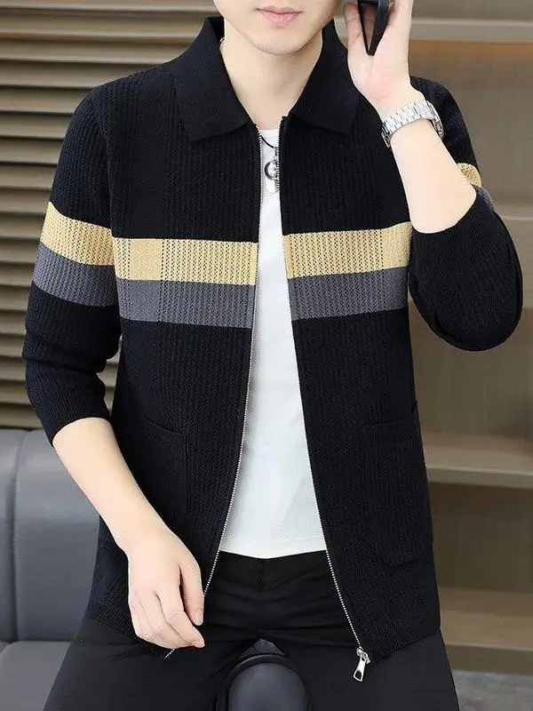 

Мужской повседневный вязаный кардиган на молнии с воротником, тонкий, в полоску, весна-осень, модный свитер-жакет