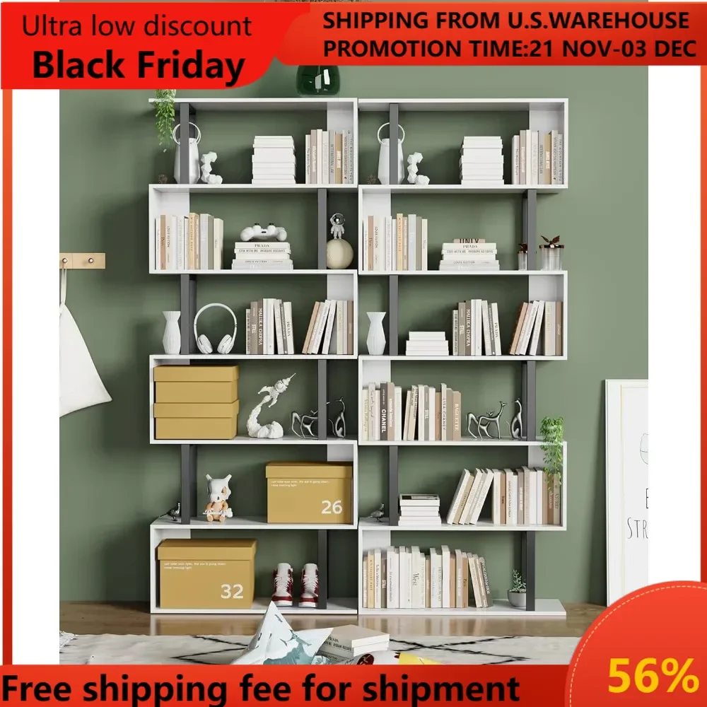 

6 Tier Geometric Bookcase,S Shaped Bookshelf, Wood Decorative Storage Shelving, Modern Freestanding Display Shelves, Tal