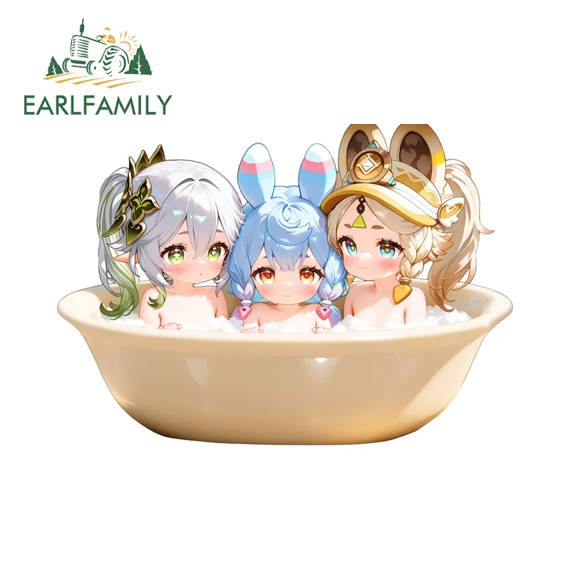 

EARLFAMILY Bathing In A Basin Car Stickers Vinyl Cute Girls Bucket Windows Decal Personality Sunscreen Refrigerator Accessories