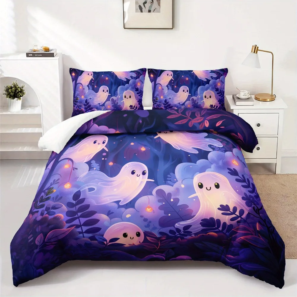 

3pcs Purple Bedding Set Halloween Cute Ghost Print Cozy Duvet Cover Set King Queen Twin Single Size Halloween Gift Bedroom Decor