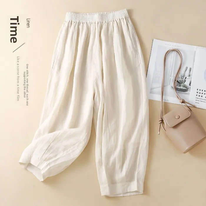 Luźne lniane spodnie haremki damskie plus size z elastyczną talią, dwuwarstwowe, w jednolitym kolorze, z mankietami, długość 7/8, idealne na lato.