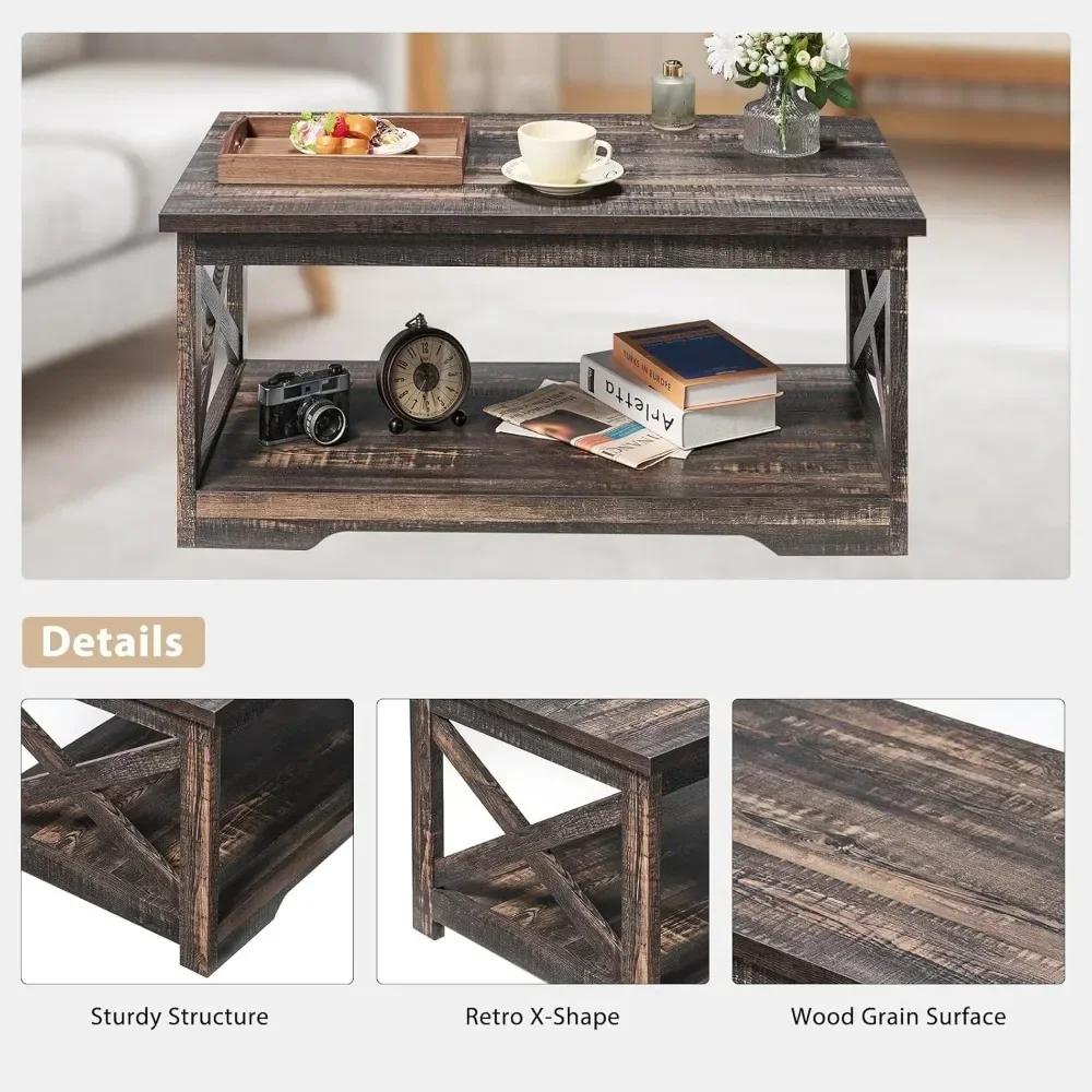 5-Piece Farmhouse Table Set includes Fireplace TV Stand, Coffee Table& Two End Tables with Charging Station and USB Ports