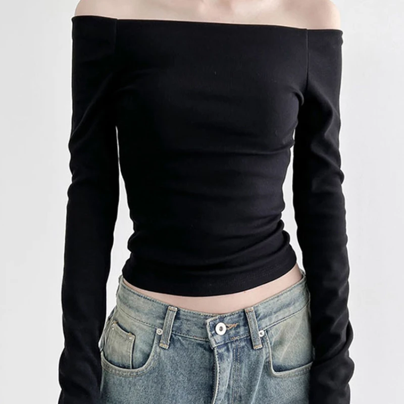 

Black Slash Neck Elegant Long Sleeve Tops Slim Sexy Women Fall Clothing casual loose comfortable top T-shirt summer
