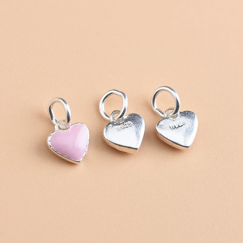 TrustDavis Real S925 Sterling Silver Romantic Pink Heart Charms Pendant for Bracelet or Necklace DIY Accessories Jewelry HY071