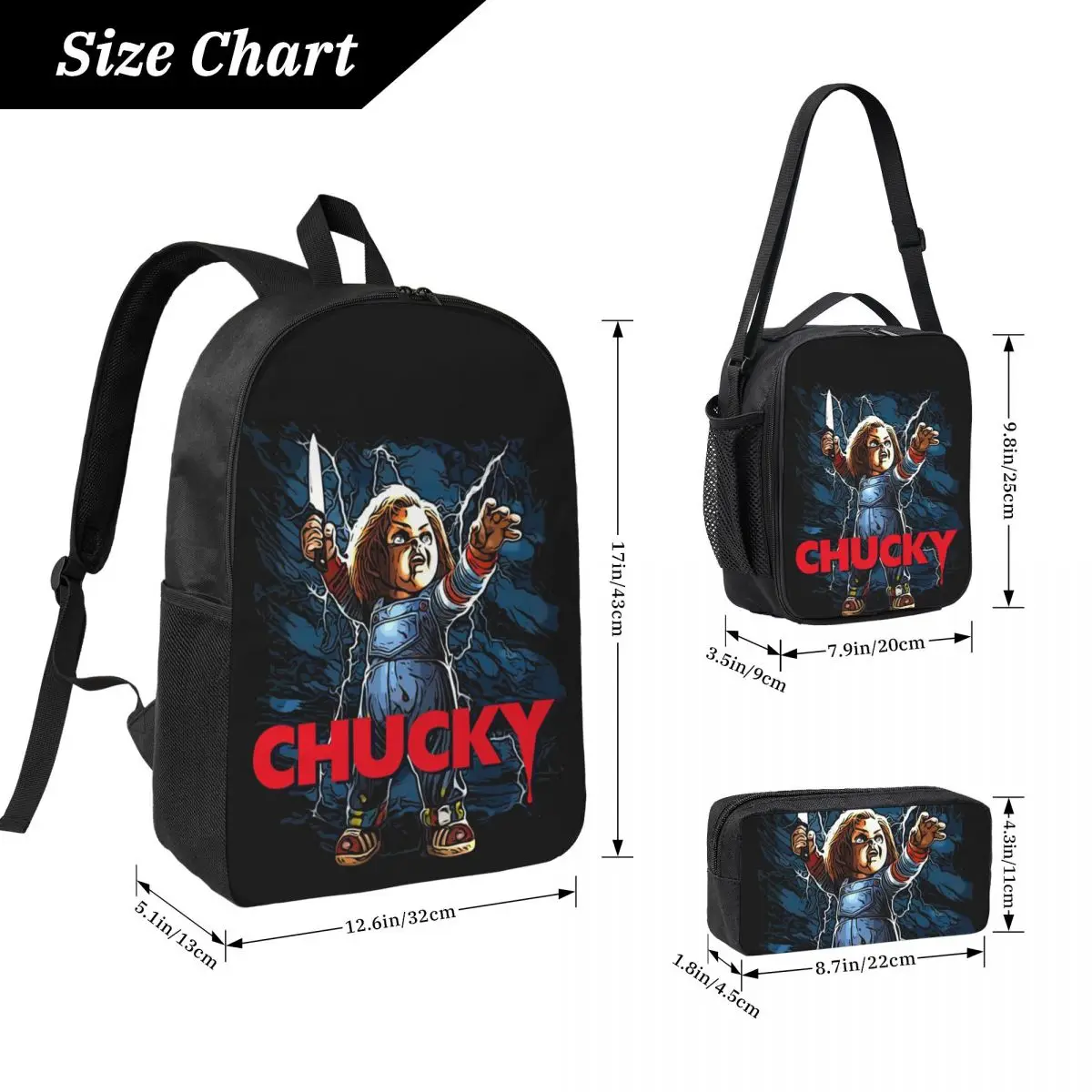 Chucky See You In Hell Backpack Student Boys Girls BookBag School Bag Laptop Shoulder Bags 3ps Insulated Lunch Bag Pencil Case