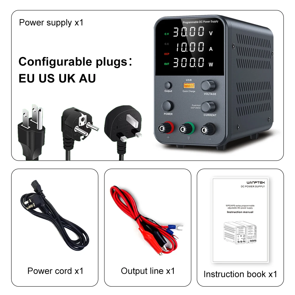 Adjustable DC power supply with 4-digit LED display, 5V/3.6A USB fast charging with encoder adjustment, output enable/disable