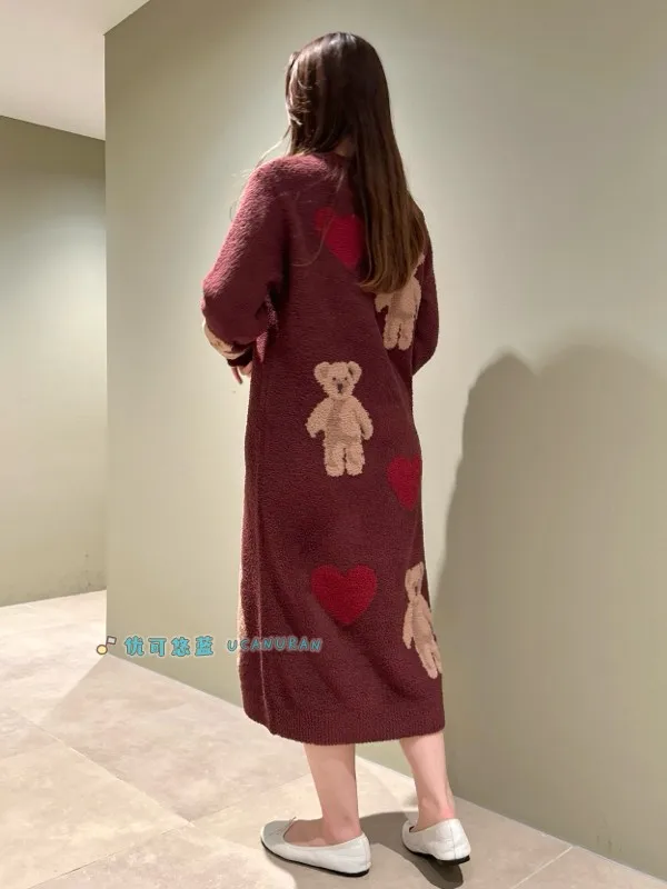 Japan Style Original New Year Bear With Heart Winter And Spring Thick Pajamas Knitted Sweaters Gown Wine  Sleepwear  Loungewear