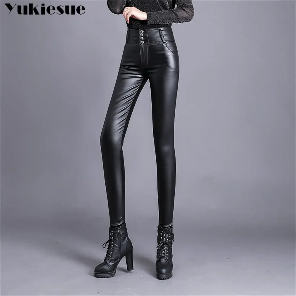 Spring Autumn Pencil Leggings WomenVelvet Female Sexy Skinny Tight Trousers PU Single-Breasted Pants Elastic High Waisted Slim