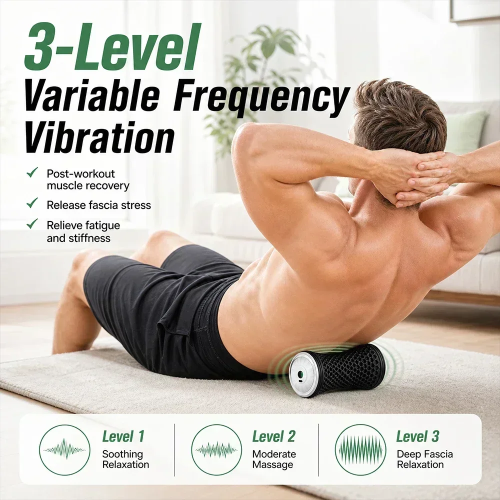 Electric Muscle Roller, Vibrating Foam Roller Alternative, 3 Speeds, 75 Min Cordless, Lightweight 267g Gym Bag Essential, Type-C