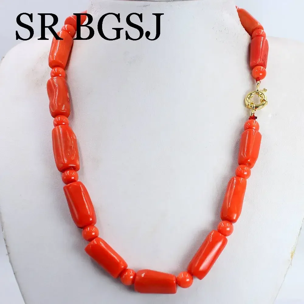 New Year Gift 10-12mm Freeform Column Orange Natural Coral Beads Women Jewelry Necklace 18