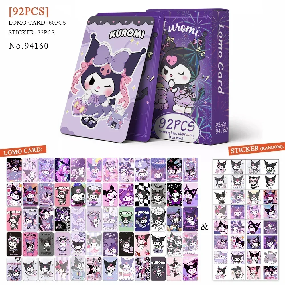 New Hello Kitty 92PCS Anime Cards Melody Anime Peripheral LOMO Card Sticker Set Kuromi HD Color Printing Deck Box Kids Toys Gift