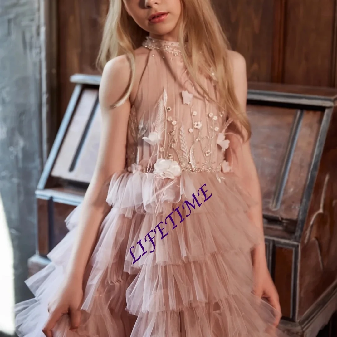 Gorgeous Pink Beaded Tiered A-line Long Dress for Girls Modern Halter Sleeveless Performance Wear for Kids Piano Performance Cus
