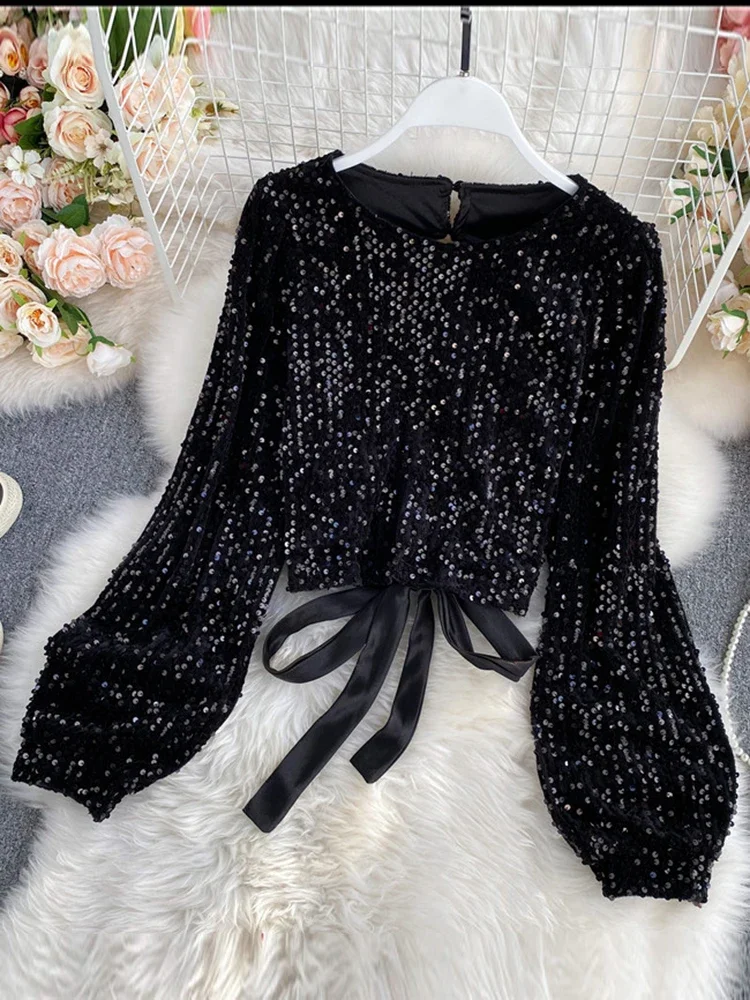 litmage Women Spring  Blouse New Sequins O-Neck T Shirts Long-sleeved Open Back Lace-up Bow Short Tops Female Blusa Tee GX1082