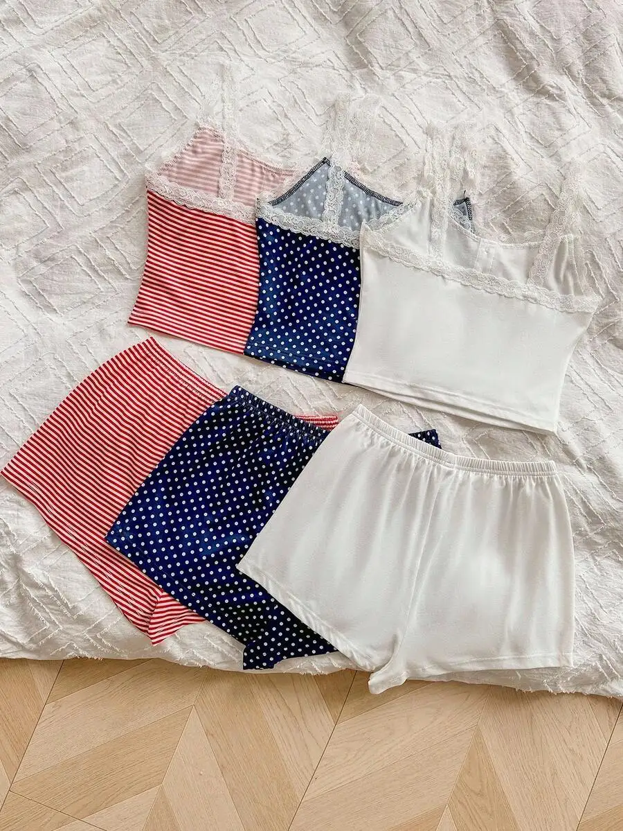 Womens 6-Piece Lingerie-Style Sleep Set: Striped, Polka Dot & Solid Camisoles With Lace Trim And Matching Shorts