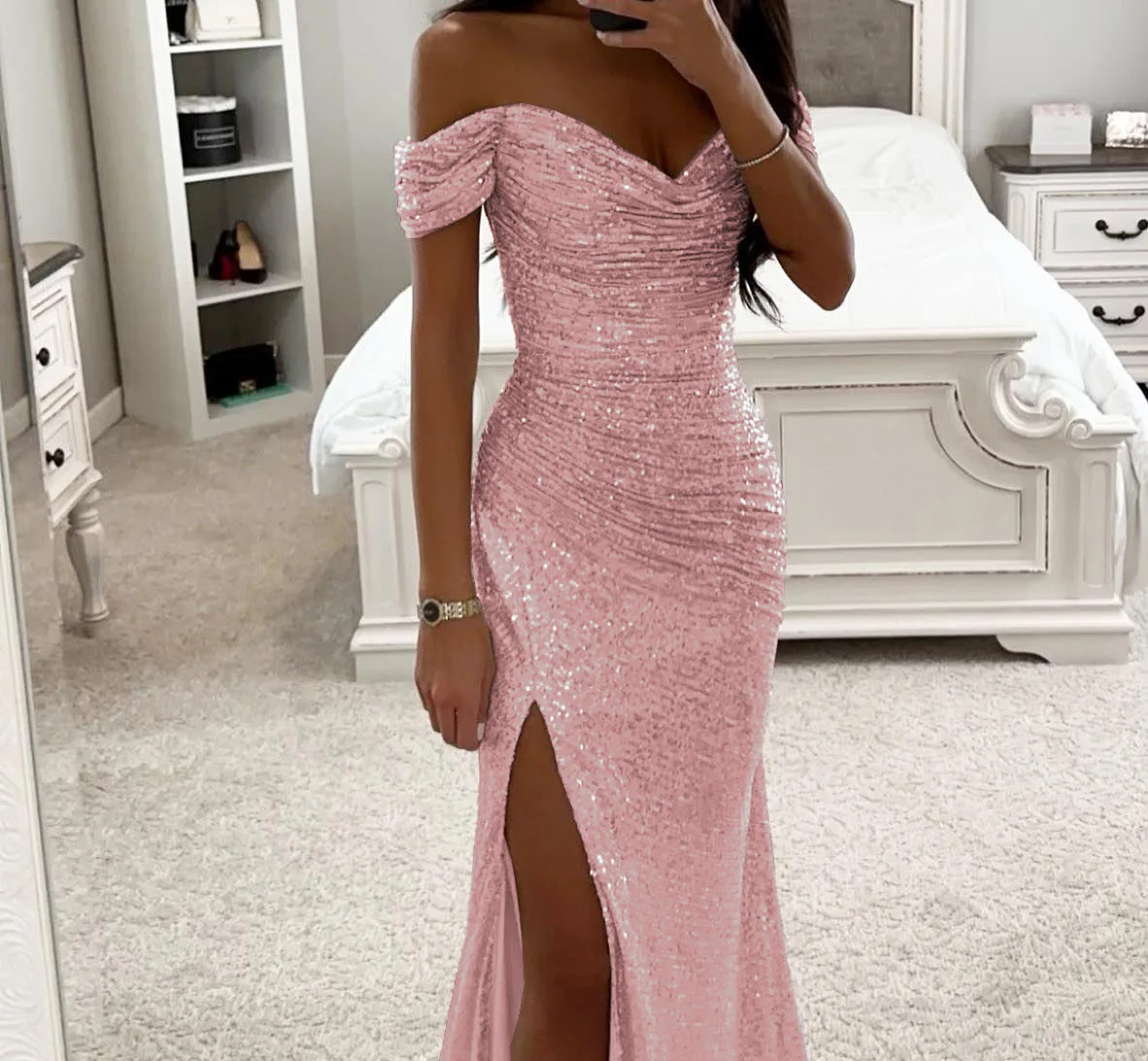 

2025 New Fashion Sequined Backless Dress Women Summer Sexy And Elegant Solid Color Sleeveless Slit Long Dresses For Women