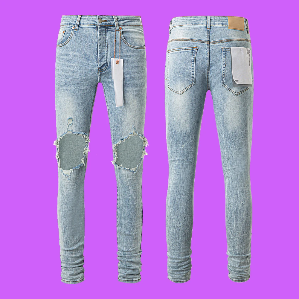 2024 lila Roca Jeans Hosen amerikanische High Street Marke Farbe verblasste Indigo Farbe Reparatur Low Rise Skinny Destroy Wash Herren Jeans