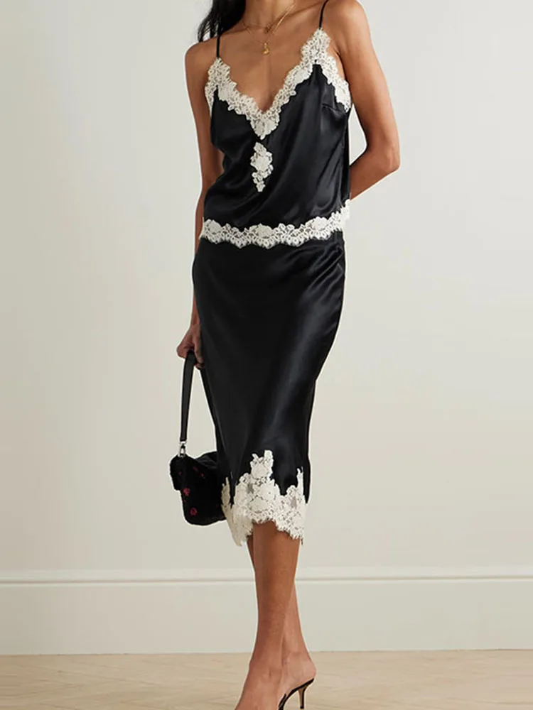 

Сексуальный топ и юбка с v-образным вырезом, костюм, женские повседневные атласные пижамы без рукавов, комплекты из 2 предметов, элегантные однотонные наряды с вышивкой и кружевом