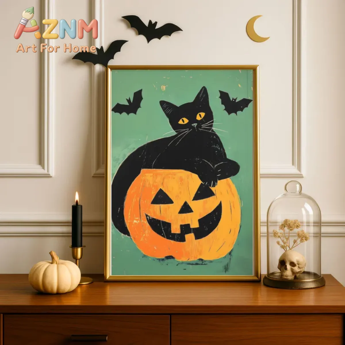 Whimsical Black Cat with Pumpkin Canvas Prints Poster Retro Spooky Dark Art Prints Bedroom Home Decor Art Poster Halloween Gifts