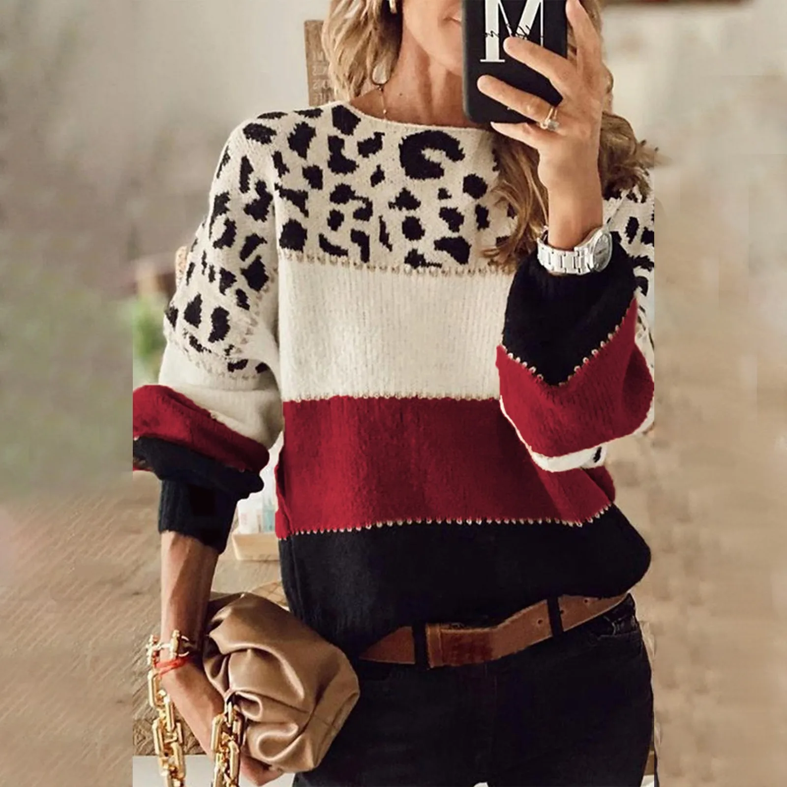 Pullovers Women Sweater Leopard Print Color Block Pullover Long Sleeve Knitted Jumper Casual Winter Warm Ladies Knitwear Top T1