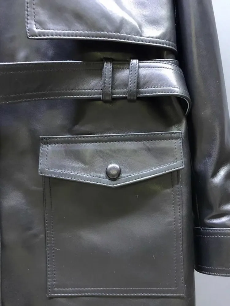 Frühling Herbst Retro Einreiher Gürtel Frauen Jacke Tasche Turndown Kragen Mantel Arbeit Dame Slim Fit Echt Schaffell Windjacke