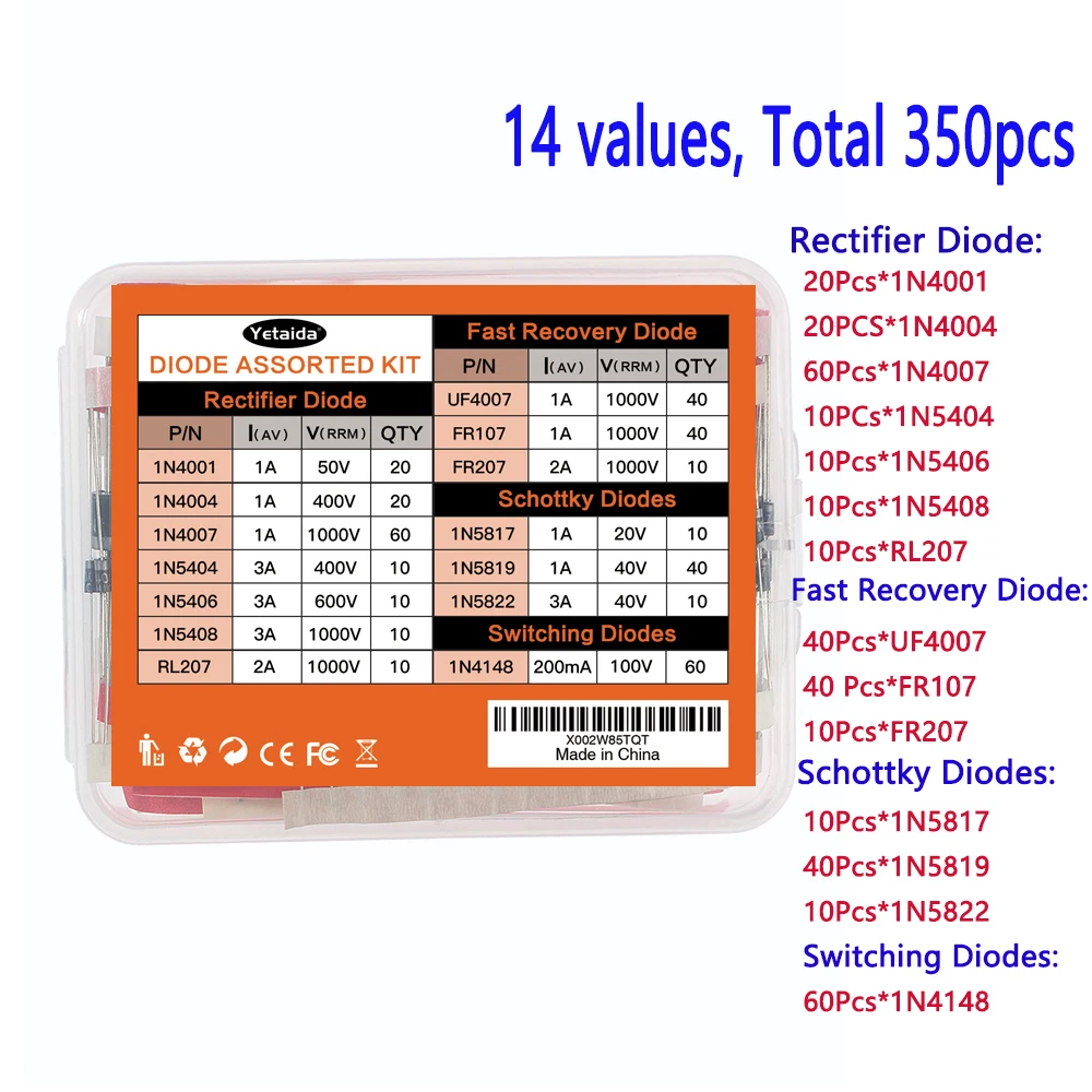 350PCS/box Diodes kit 14Values Rectifier/Fast Recovery/Schottky/Switching Diode Set 1N4001 1N4007 1N4148 RL207 UF4007 FR107 207