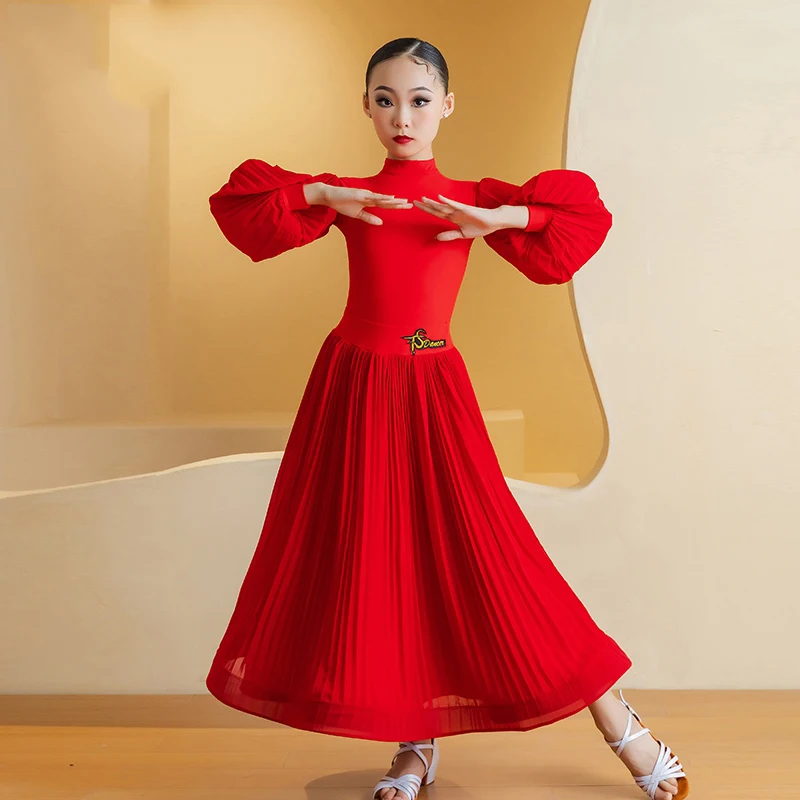 Red Ballroom Dance Dress Women Girls Puff Sleeves Prom Waltz Dance Competition Clothing Latin Cha Cha Performance Dress BL13820