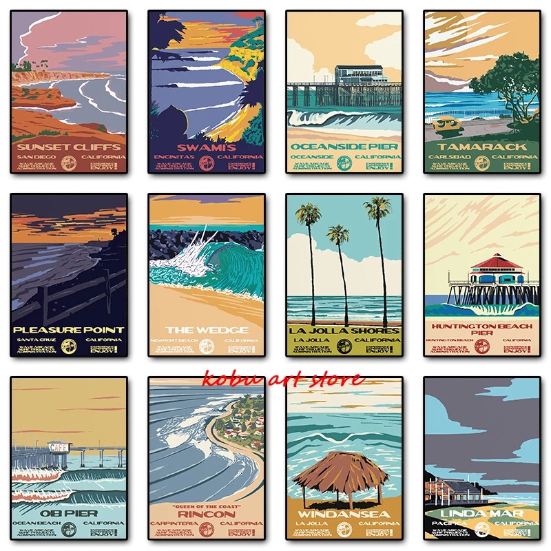 Vintage National Parks Surf Poster San Diego San Francisco, California Coastal Beach Canvas Painting Wall Art Prints Home Decor