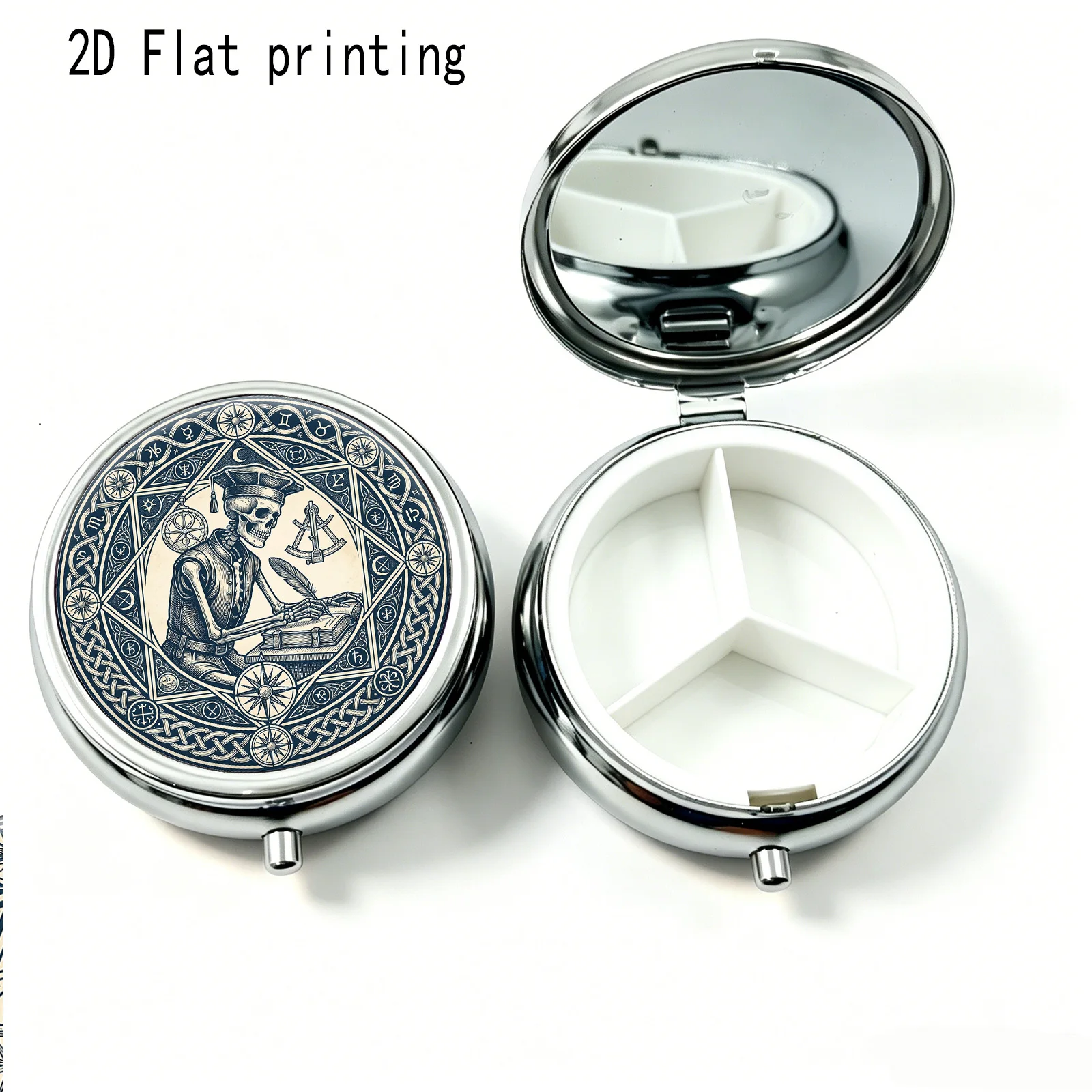 Portable Mini Three-Compartment Pill Box, Retro Skull Scholar Print, Travel Medicine Storage Box, Sealed and Moisture-Proof, Capsule Vitamin Organizer, Small Portable Medicine Box
