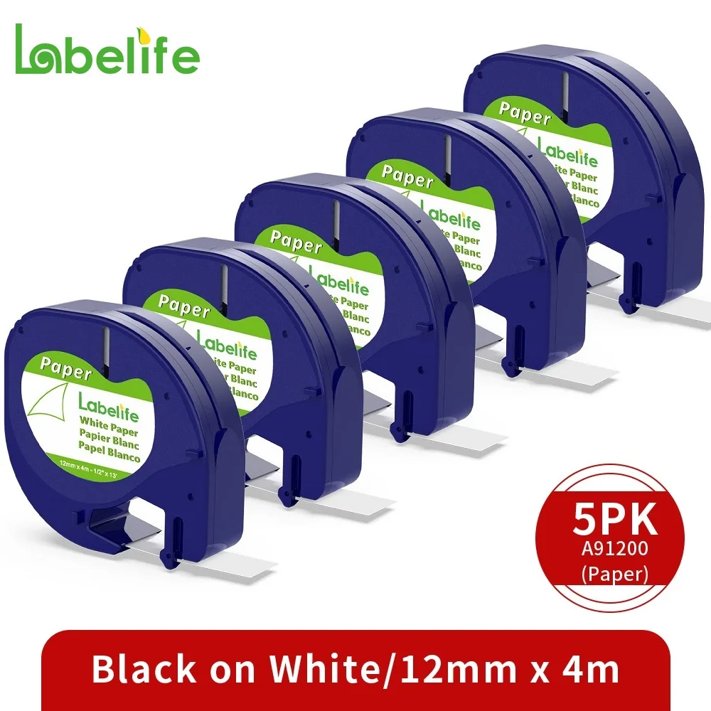 5pcs 91200 Paper White Compatible DYMO LetraTag Plus LT-100T LT-100H 200B QX50 12mm 91330 91220 10697 59421 LT Label Tape Refill