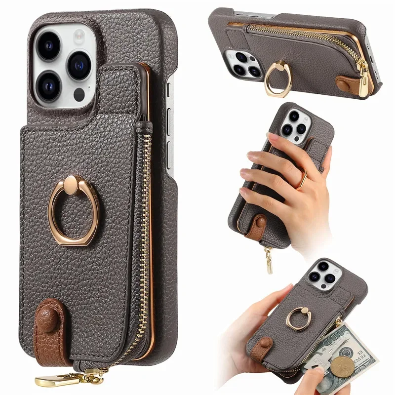 Leather Zipper Wallet with Card Holder Phone Case for IPhone 13 12 Mini 16 15 14 11 Pro Max XS XR 7 8 Plus Ring Kickstand Cover