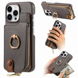 Leather Zipper Wallet with Card Holder Phone Case for IPhone 17 Air 16E 16 15 14 13 12 11 Pro Max XS Plus Ring Kickstand Cover