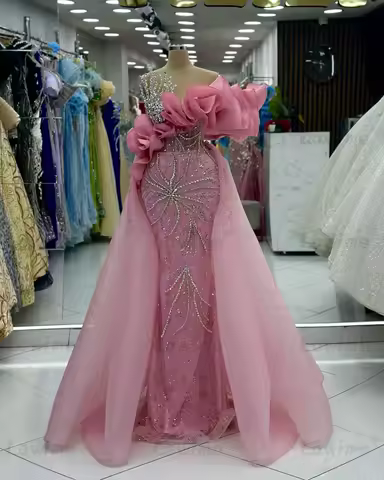 2025 Customized Pink Ruffles Off Shoulder Prom Dress Crystals Mermaid Evening Gowns With Overskirt Arabic Engagement Party Dress