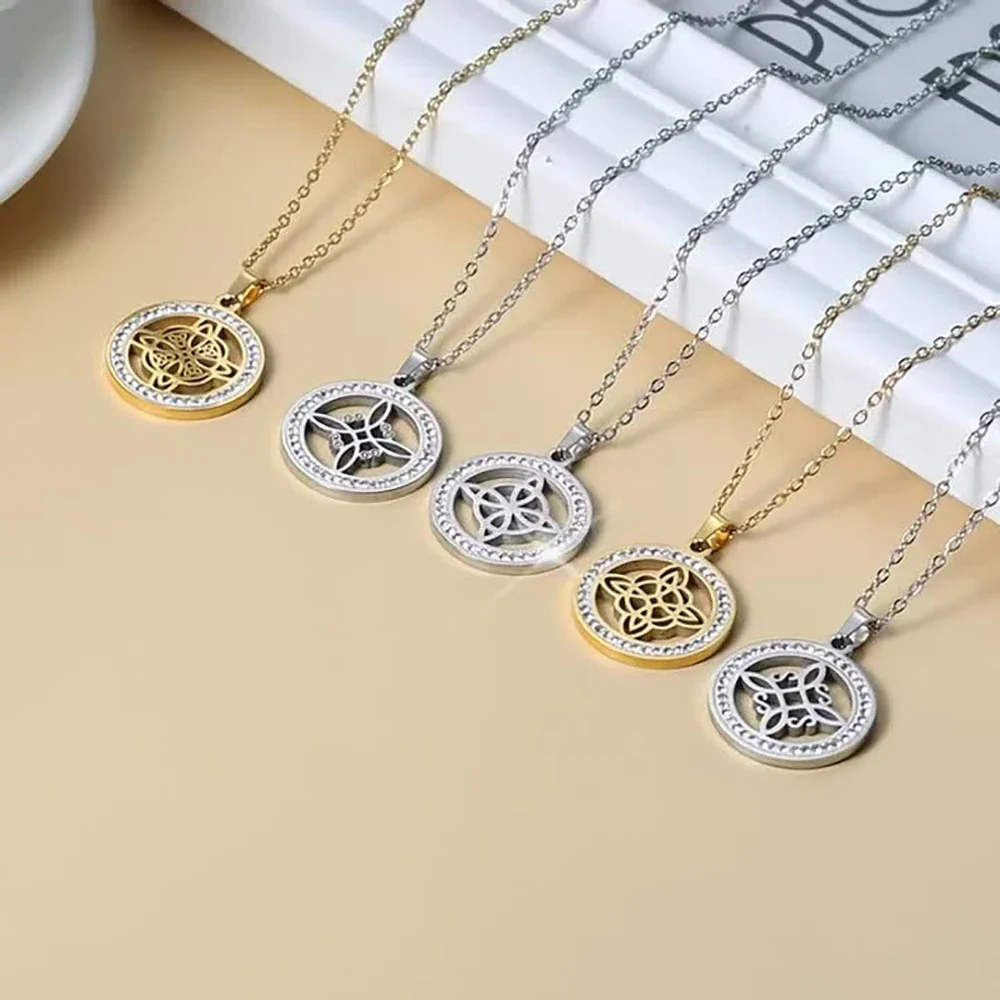 Skyrim Witch Knot Clear Zircon Round Pendant Necklace Stainless Steel Gold Color Necklaces Amulet Witchcraft Jewelry Gift