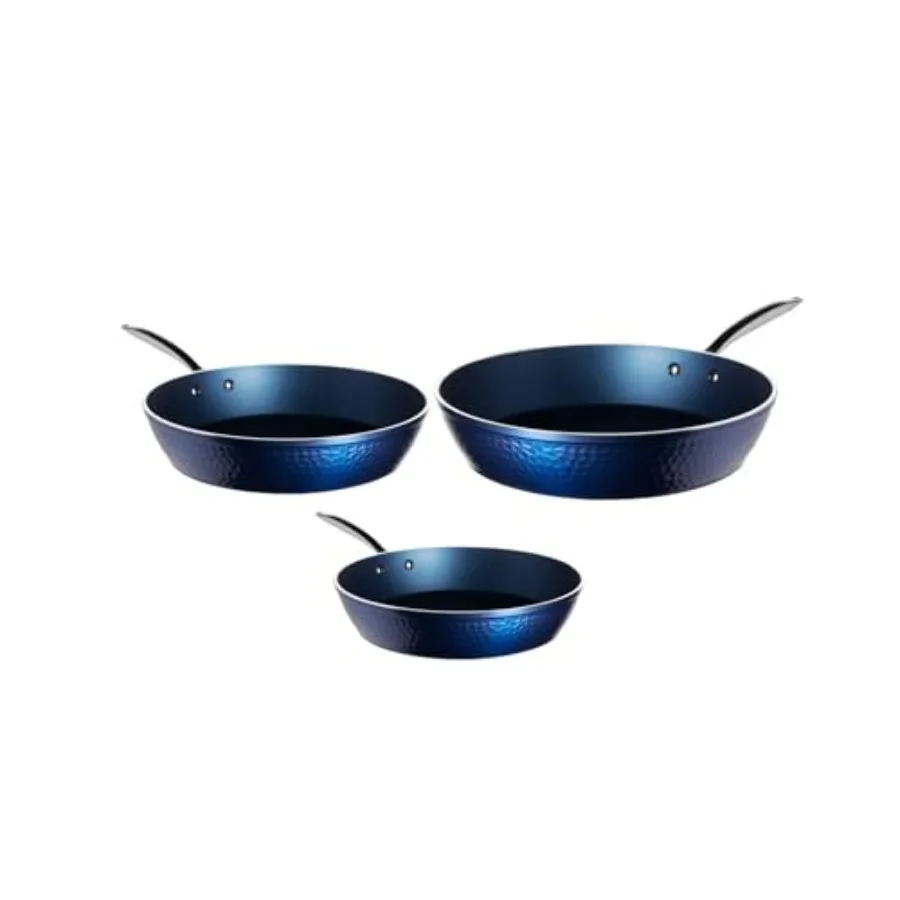 

Luxurious NonStick Ceramic 3 Piece Blue Hammered Cookware Set Lightweight ScratchResistant Dishwasher Safe Oven Safe up to 500F