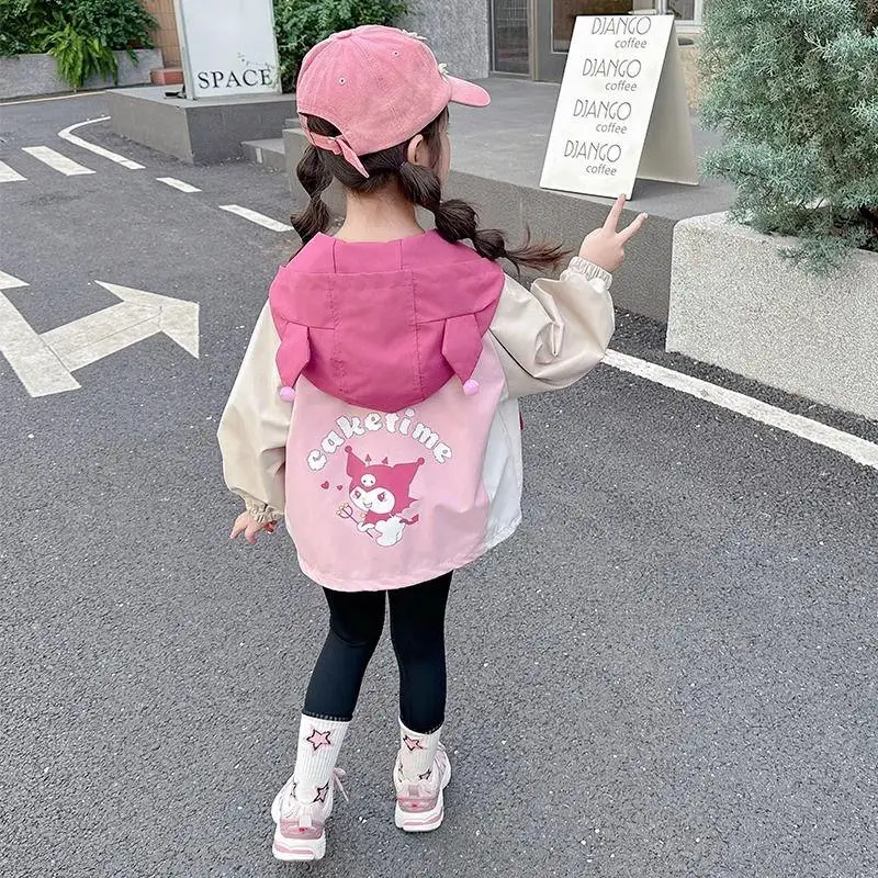

Sanrio Kuromi куртка для девочек с героями мультфильмов, весенне-осеннее детское пальто, ветрозащитная одежда с капюшоном для девочек, милая, милая, удобная, новая