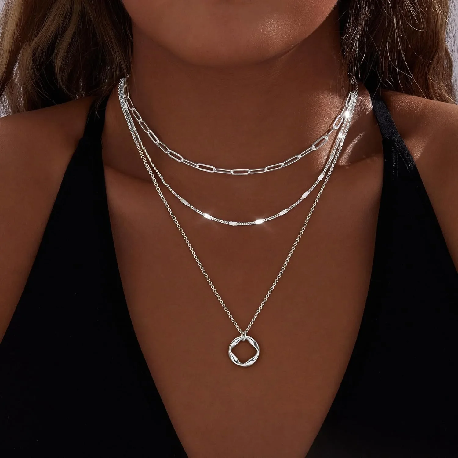 Layered 14k Gold Plated Necklaces for Women Stackable Silver Plated Circle Paperclip Chain Pendant Choker Necklace Set For Woman