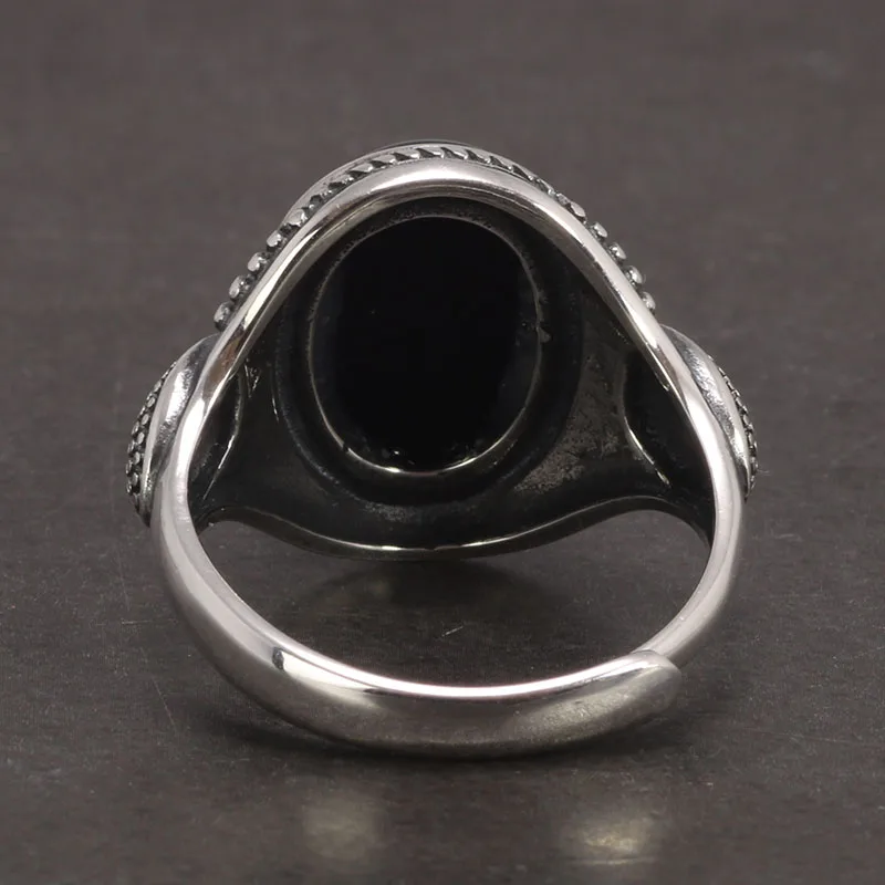 Real Pure 925 Sterling Silver Natural Black Onyx Stone Rings For Women Vintage Style Thai Silver Resizable Open Type