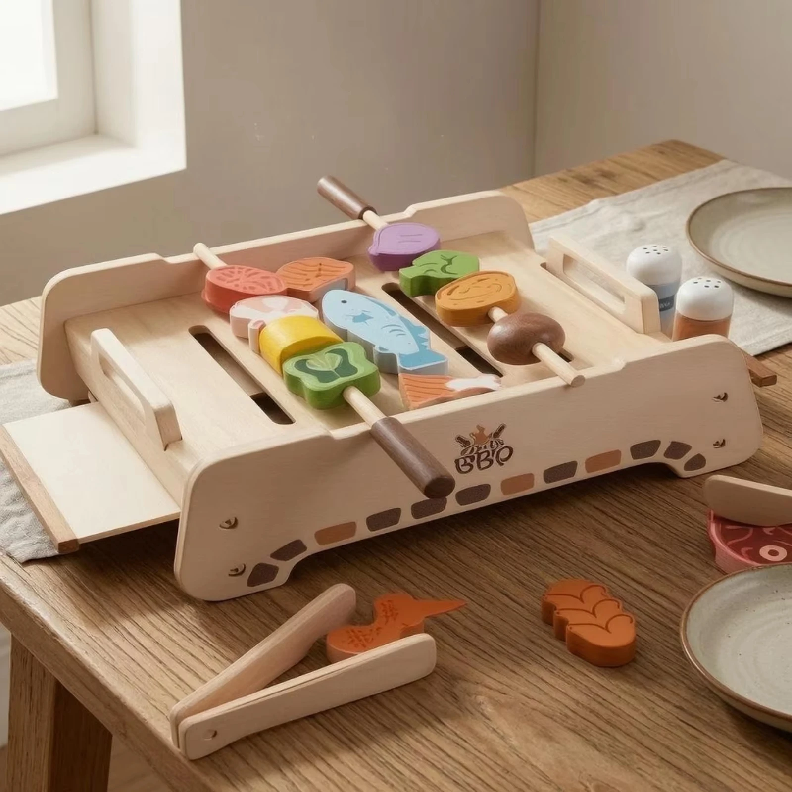 Wooden Kids Barbecue Grill Kitchen Pretend Play Toys, Simulation Food for Kids' Cooking, Suitable for Boys and Girls