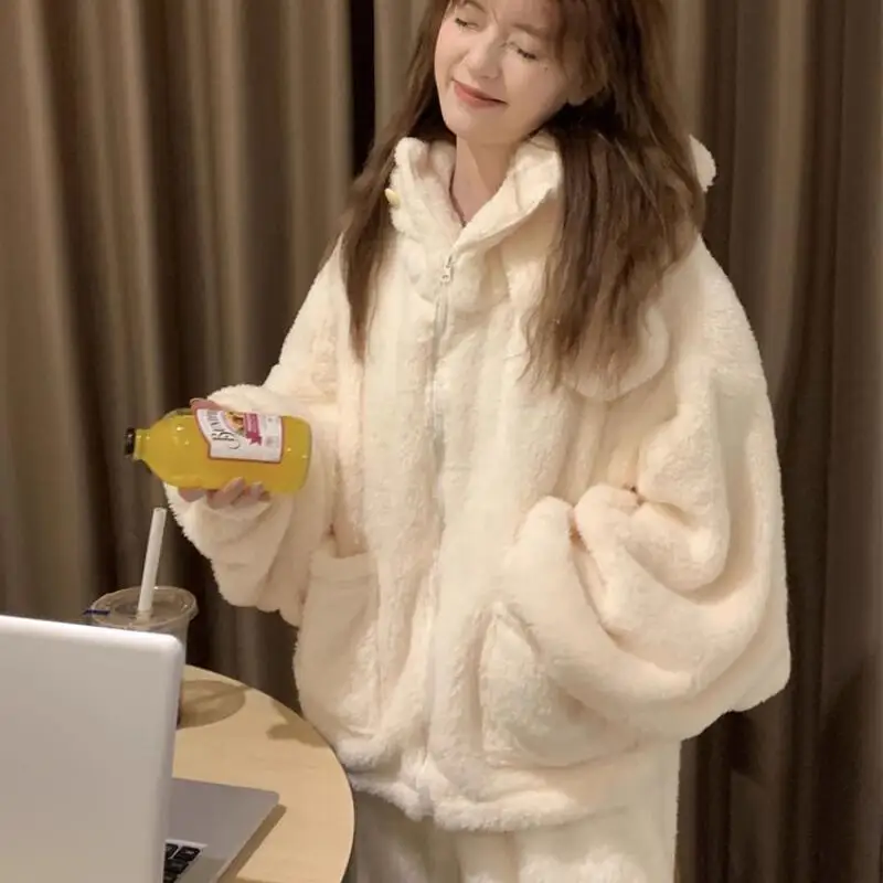 

Women's Pajama Loungewear Set Hooded Thickened Flannel Coral Fleece Sleepcoat Girl's Cute Homeclothes Sleepwear Autumn Winter