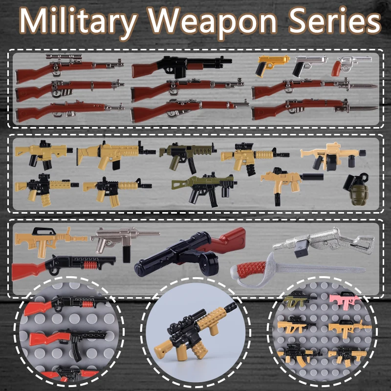 

MOC City Military Army SWAT Police Soldier Figures Accessories Building Blocks Wooden Guns Grenade 98K MP40 Thompson Bricks Toy